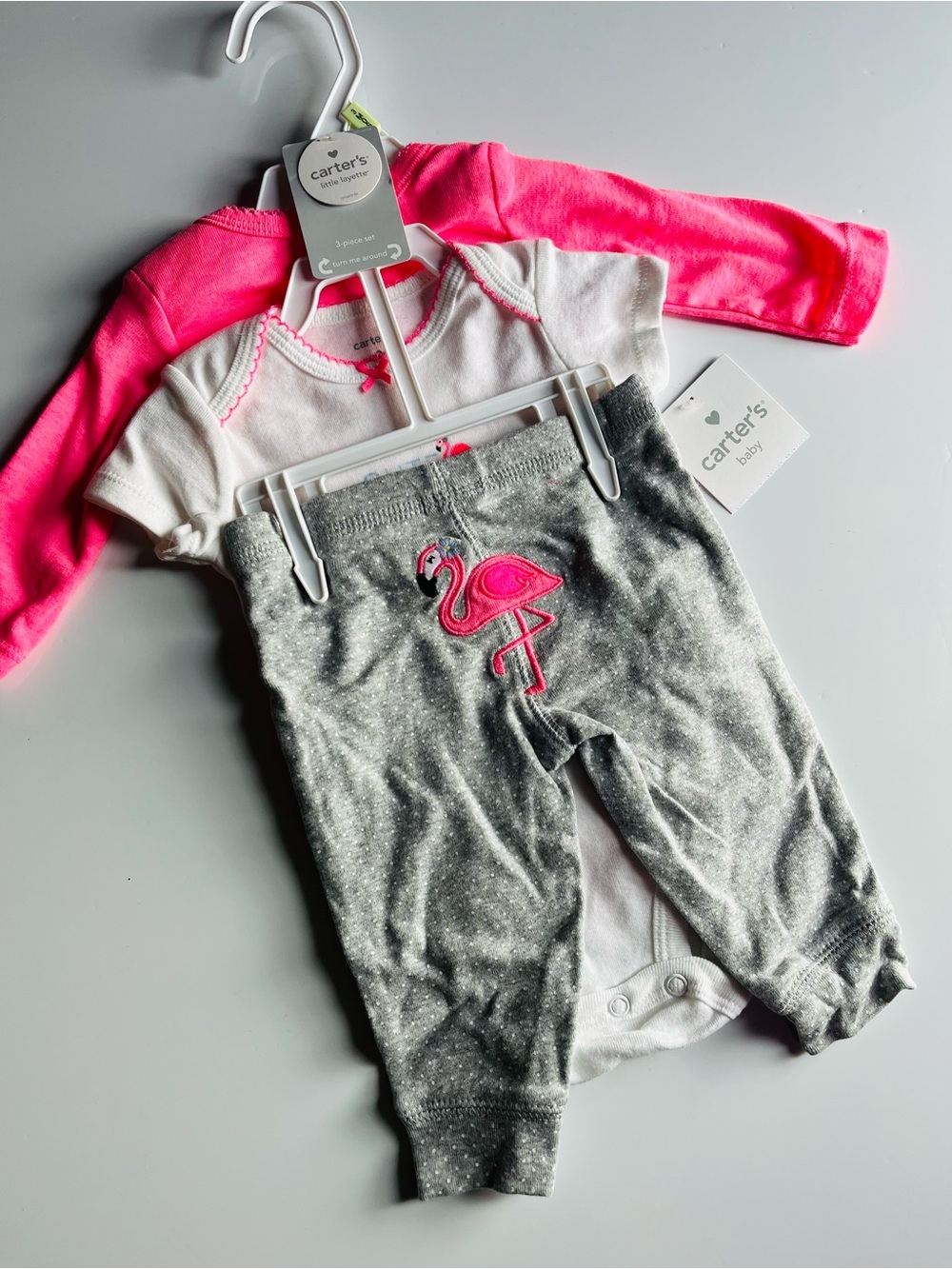 Carter's Pink, White & Gray Flamingo 3-Piece Baby Set NWT